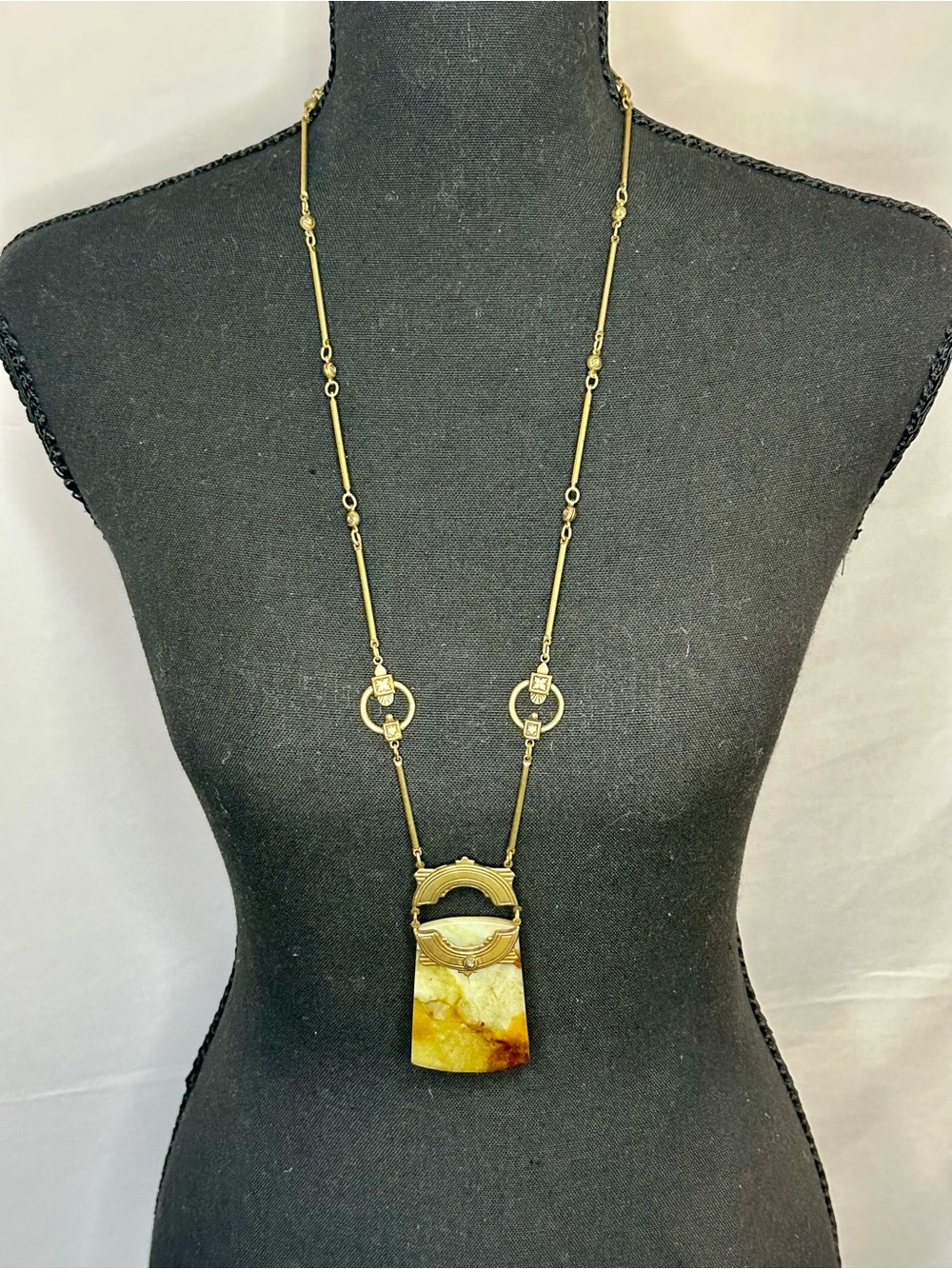 Jan Michaels San Francisco Signed Art Deco Stone Pendant Long Necklace Brass